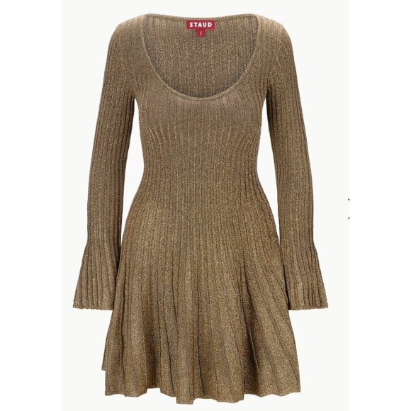 STAUD RAQUEL DRESS METALLIC GOLD LONG SLEEVE SIZE M - Picture 3 of 10